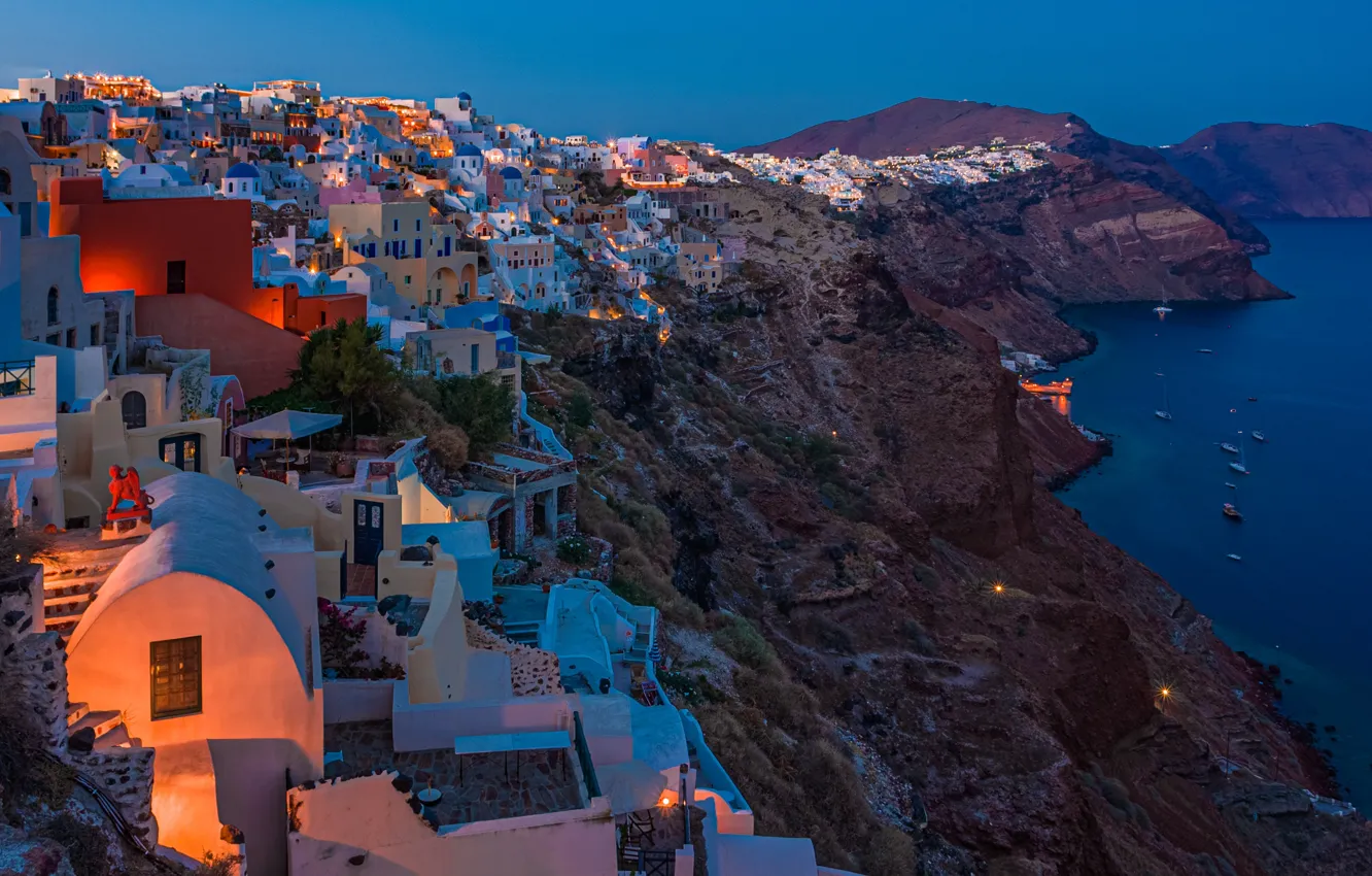 Фото обои море, скалы, побережье, здания, дома, Санторини, Греция, Santorini