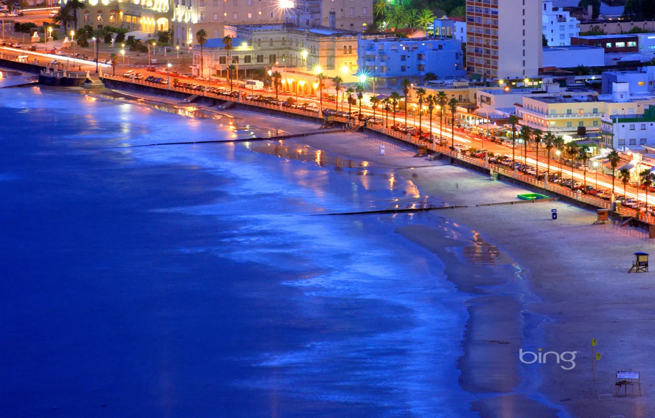 Фото обои море, огни, берег, дома, вечер, Уругвай, Пириаполис