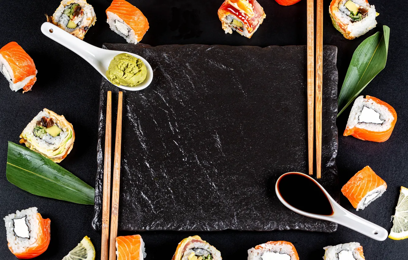 Фото обои палочки, соус, суши, роллы, морепродукты, нори