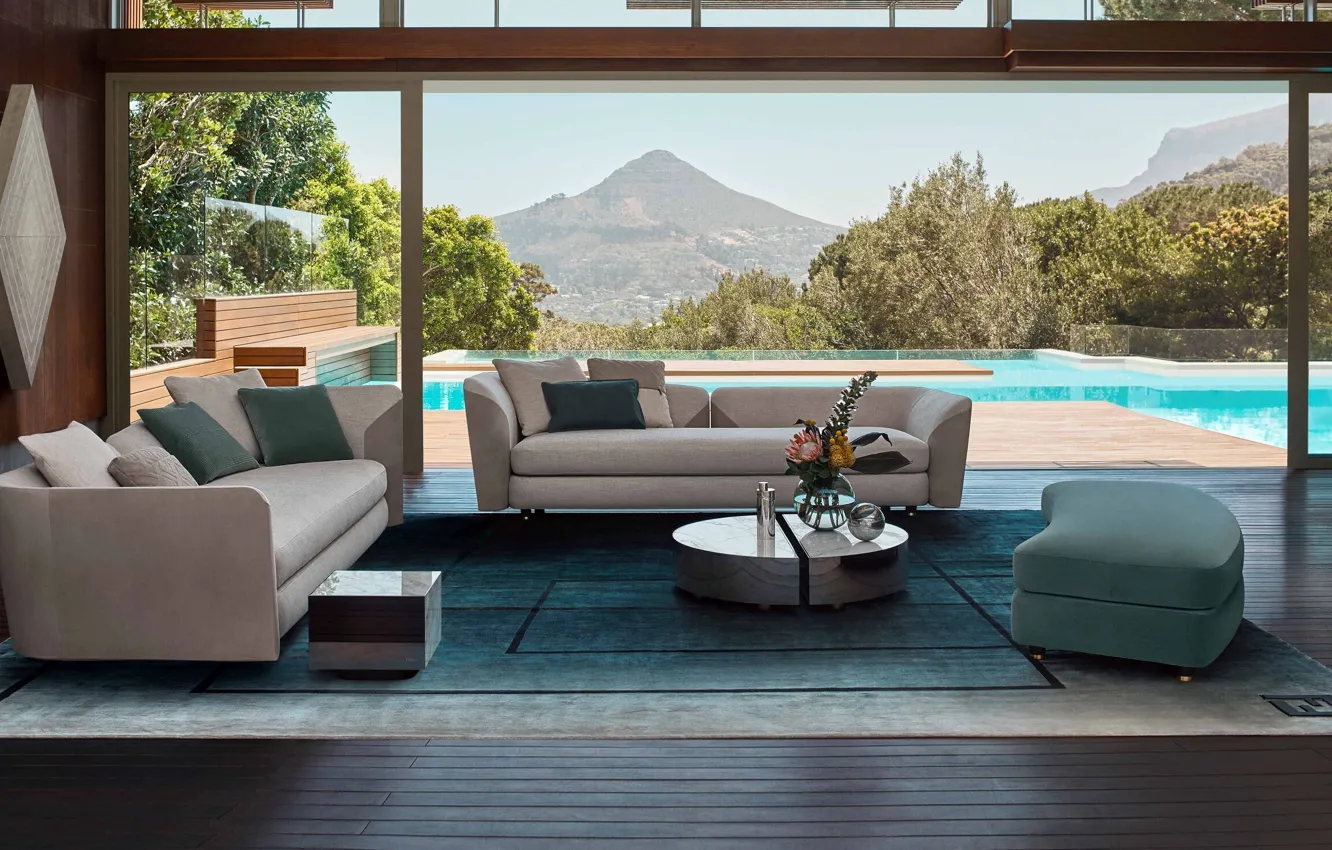 Фото обои вилла, интерьер, бассейн, терраса, гостиная, Happy house, by FENDI+Casa