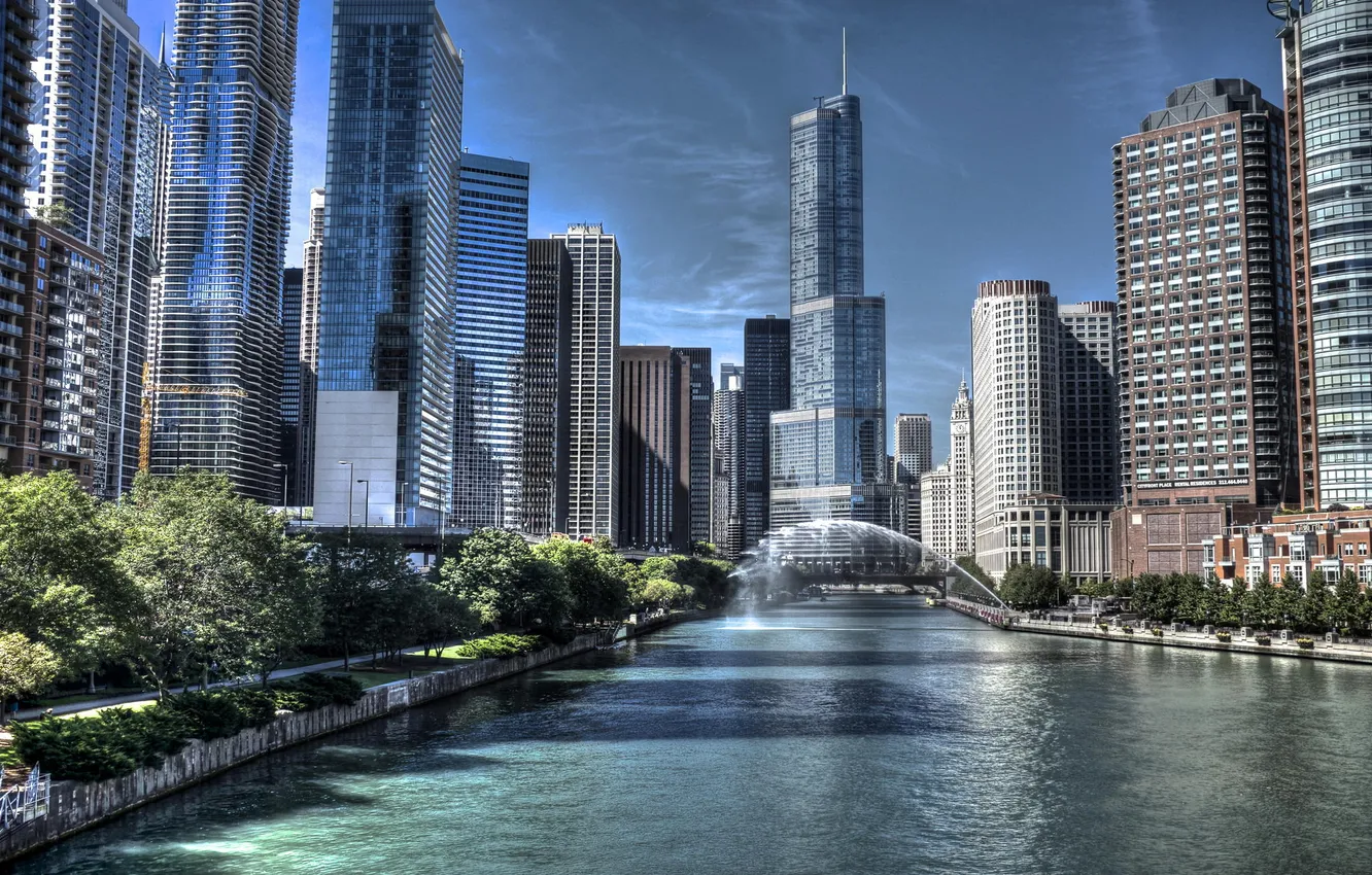 Фото обои река, небоскребы, Чикаго, USA, Chicago, illinois