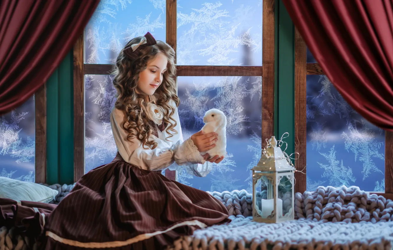 Фото обои игрушка, кролик, окно, мороз, девочка, фонарь, плед, зайка