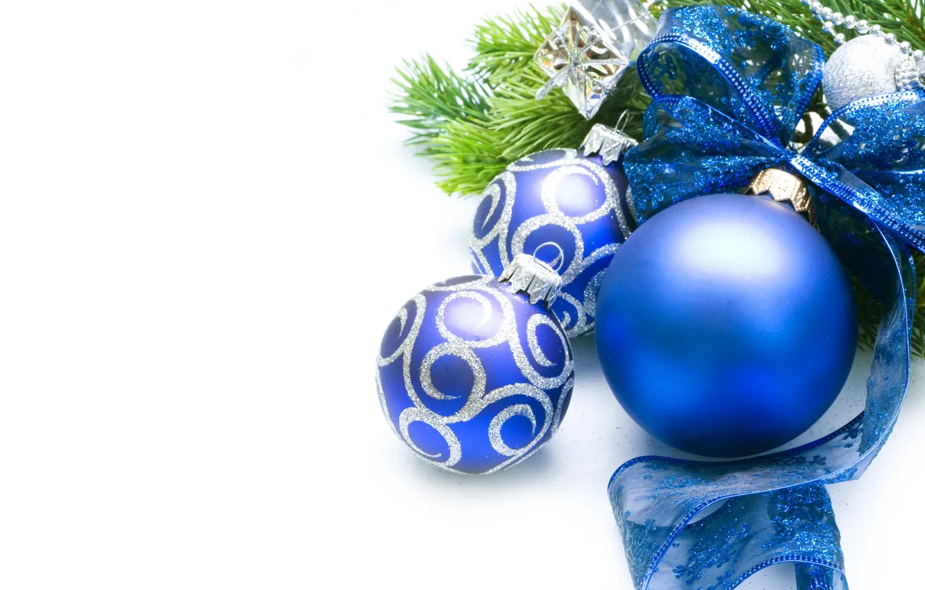 Фото обои праздник, шары, игрушки, елка, Новый год, бант, синие, New Year