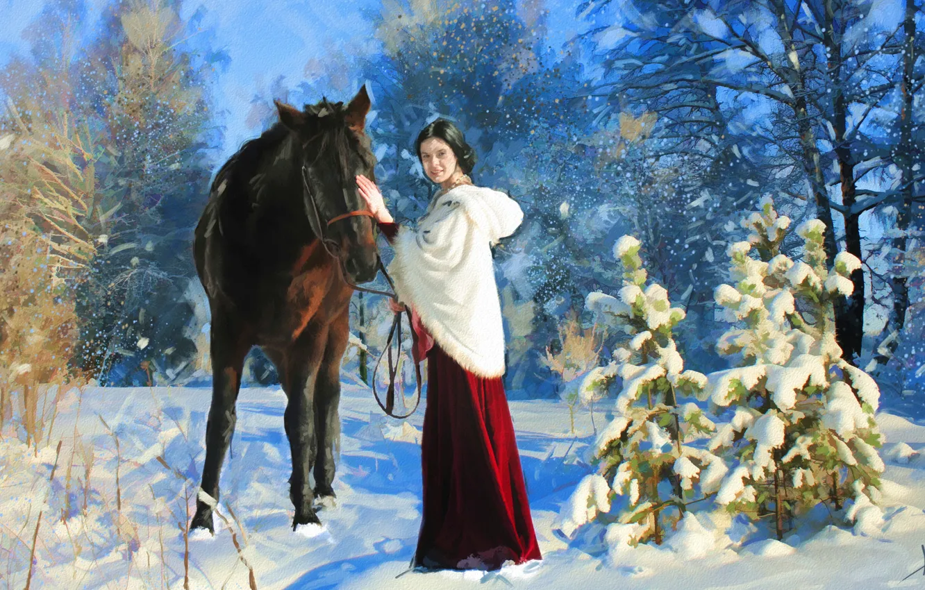 Фото обои зима, лес, снег, парк, конь, лошадь, картина, прогулка