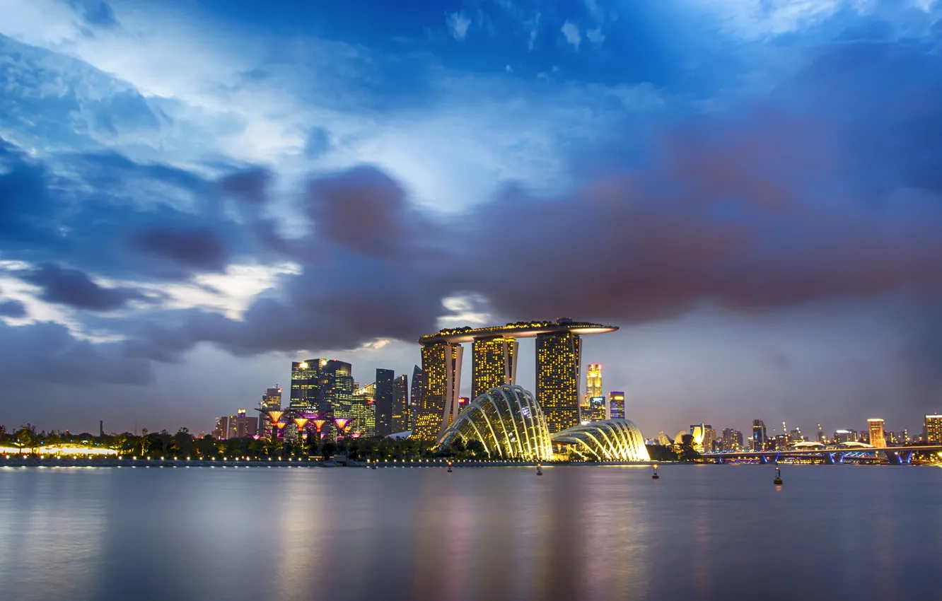 Фото обои небо, ночь, тучи, город, залив, Сингапур, Singapore, Gardens by the Bay