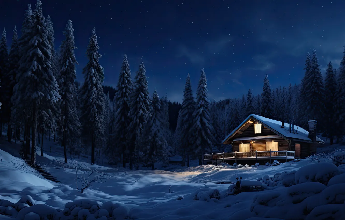 Фото обои зима, лес, снег, горы, ночь, природа, домик, house