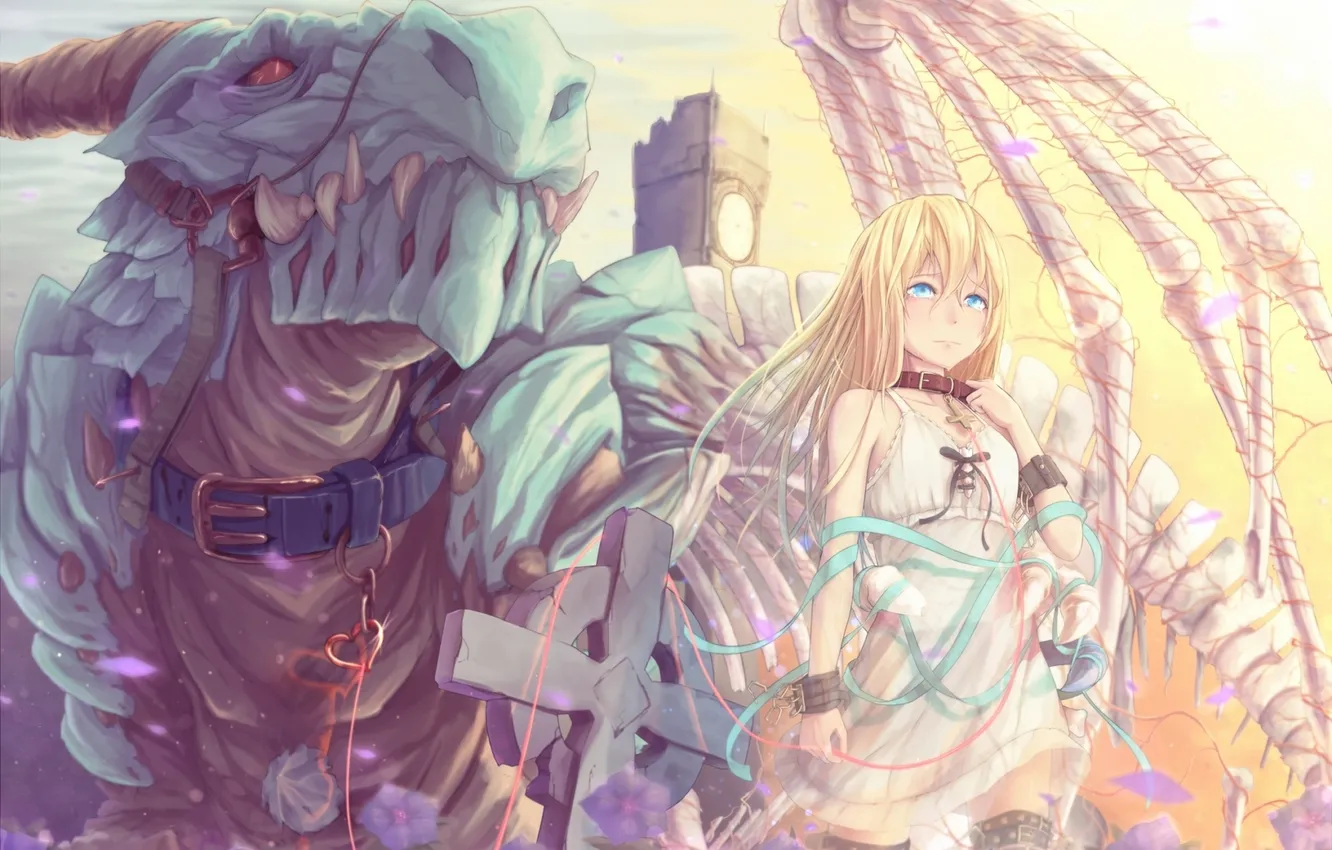 Фото обои девушка, дракон, крылья, крест, аниме, арт, кости, лента