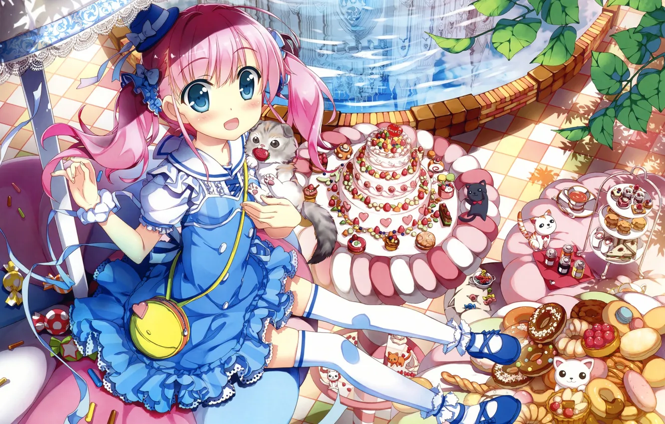 Фото обои кошки, конфеты, девочка, сладости, торт, розовые волосы, fujima takuya
