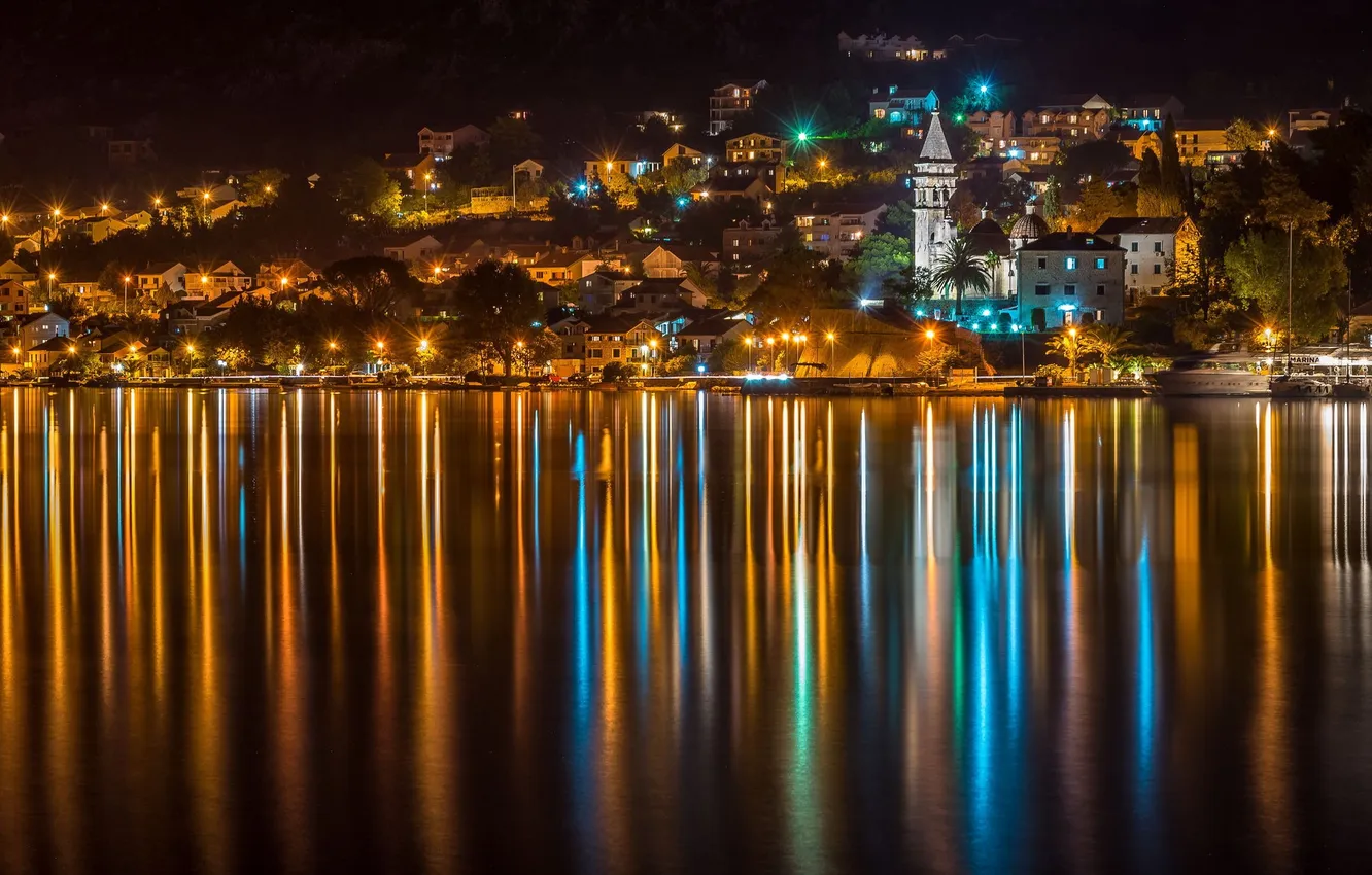 Фото обои ночь, город, огни, река, Montenegro, Kotor