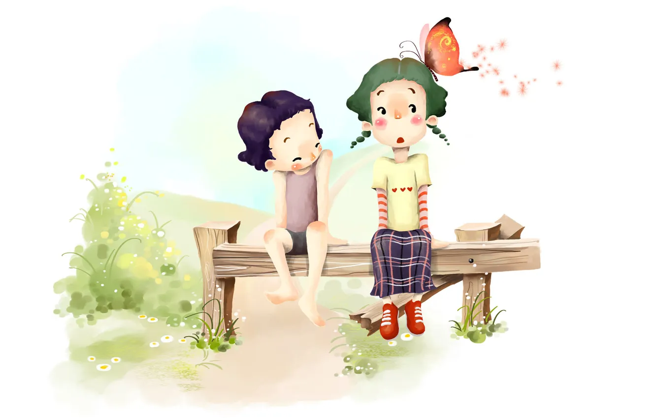 Фото обои трава, дети, бабочка, рисунок, позитив, мальчик, девочка, лавка