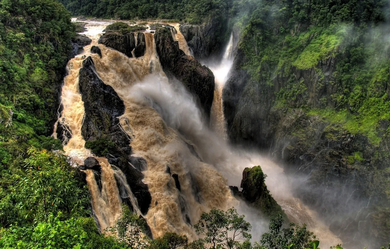 Фото обои скала, водопад, джунгли