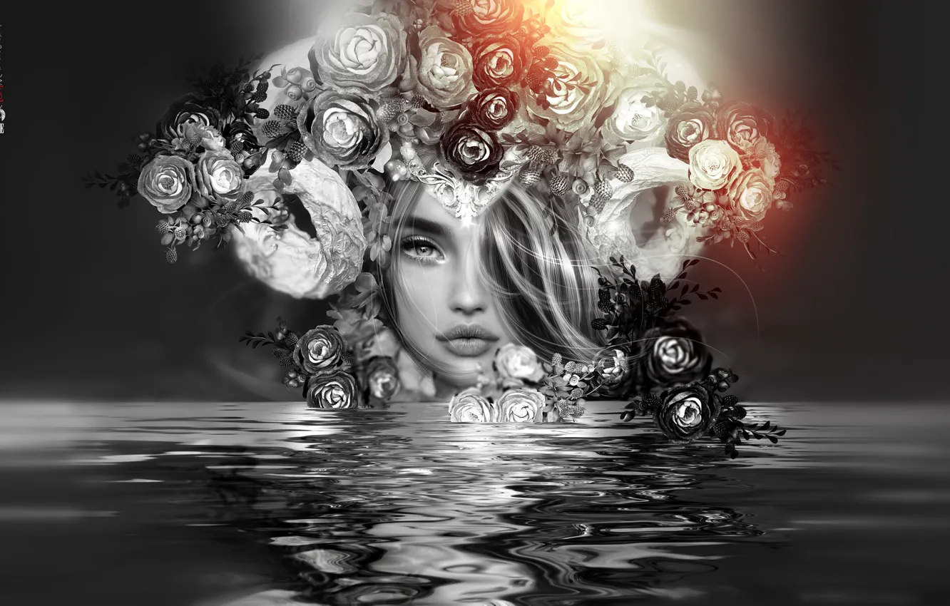 Фото обои вода, девушка, цветы, лицо, отражение, венок