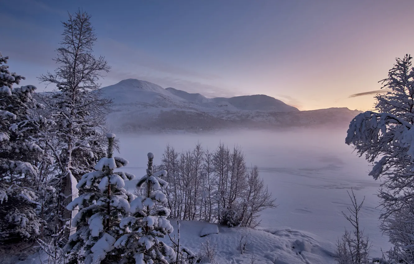 Фото обои зима, снег, деревья, горы, озеро, Норвегия, Norway, Møre og Romsdal