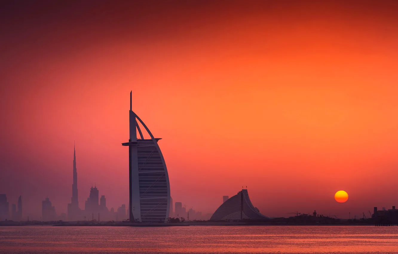 Фото обои небо, солнце, рассвет, Дубай, Dubai, ОАЭ, Джумейра-Бич-отель, Бурдж Аль Араб