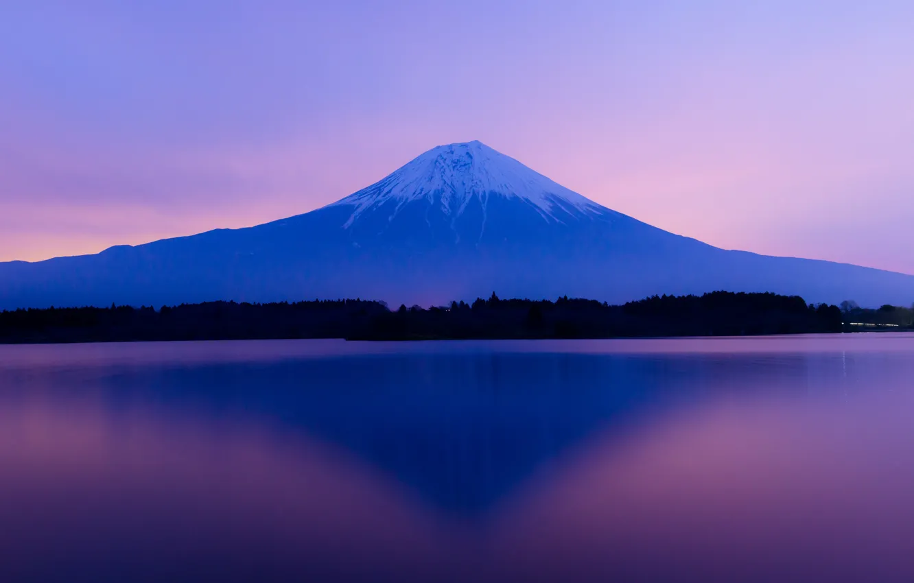 Фото обои небо, деревья, закат, озеро, Япония, гора Фудзияма