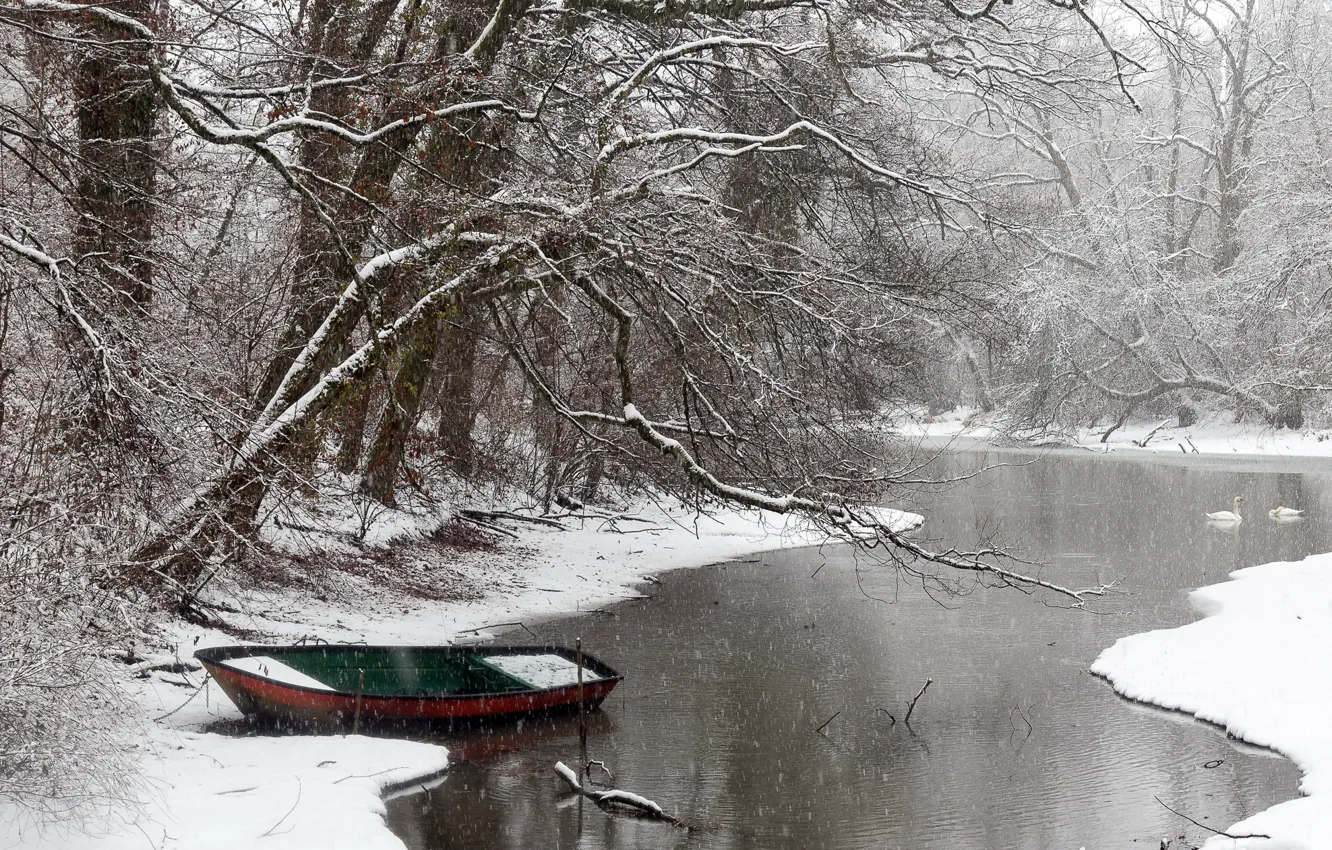 Фото обои зима, снег, река, лодка