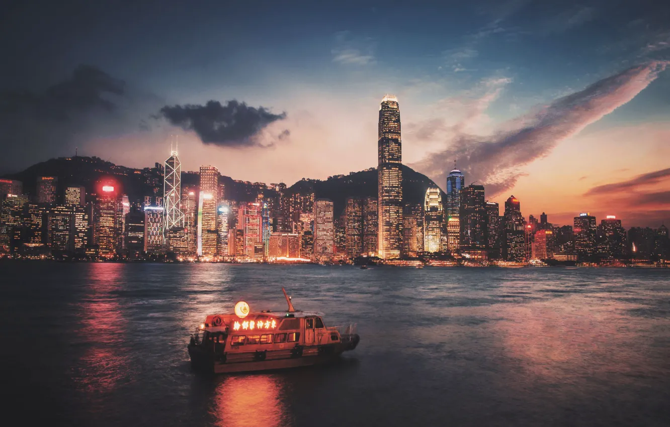 Фото обои city, lights, night, Hong Kong, skyscrapers, Victoria