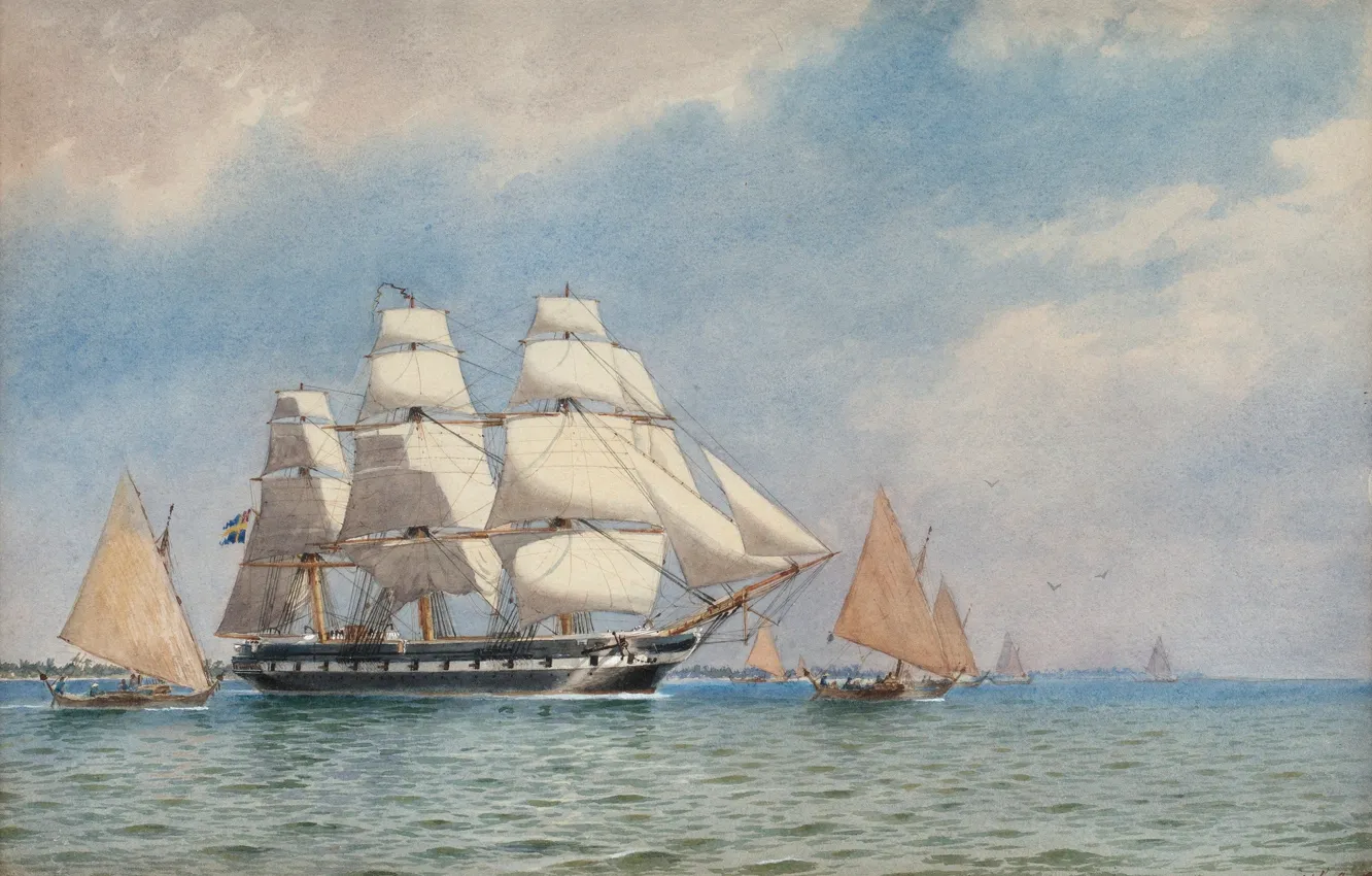 Фото обои картина маслом, Морской пейзаж, Marinmåleri, Фрегат "Ванадис", Якоб Хаг