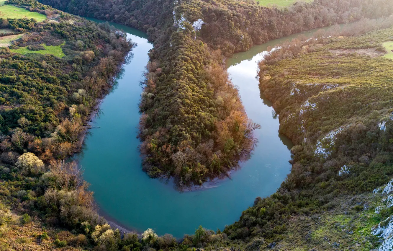Фото обои солнце, деревья, река, холмы, поля, Испания, вид сверху, Asturias