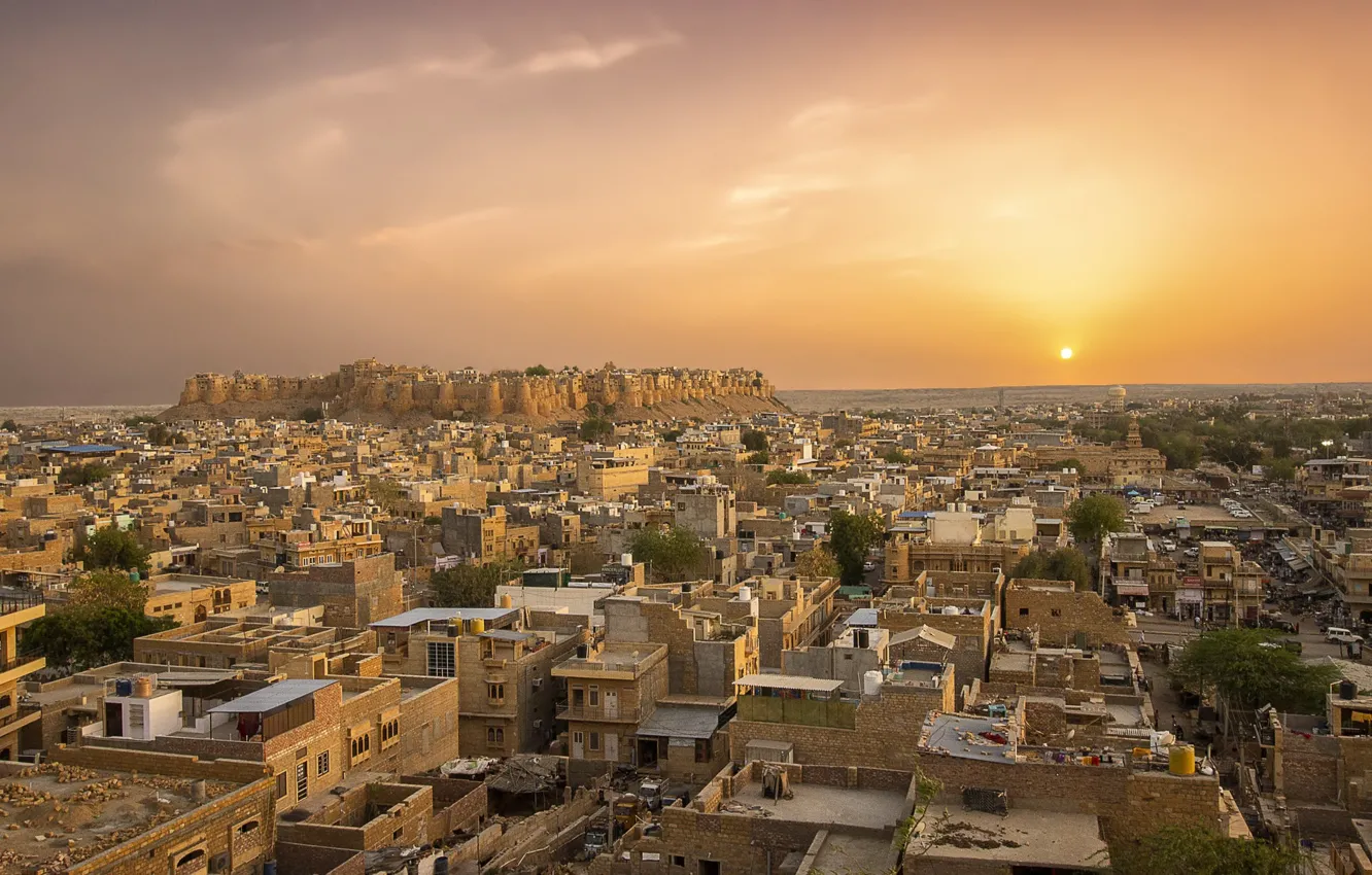Фото обои закат, город, Индия, панорама, India, Jaisalmer