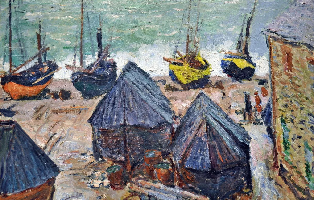 Фото обои пейзаж, картина, Клод Моне, Лодки на Пляже в Этрете