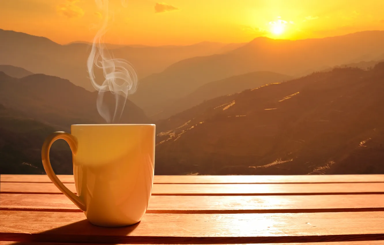 Фото обои солнце, рассвет, кофе, утро, чашка, hot, coffee cup, good morning