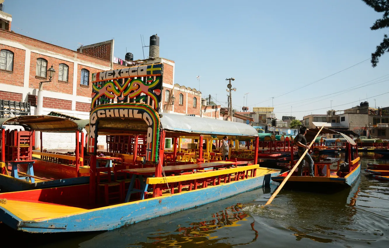 Фото обои город, лодки, Мексика, канал, Мехико, Ксочимилко