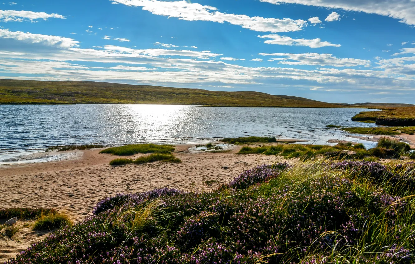 Фото обои песок, небо, трава, вода, облака, Шотландия