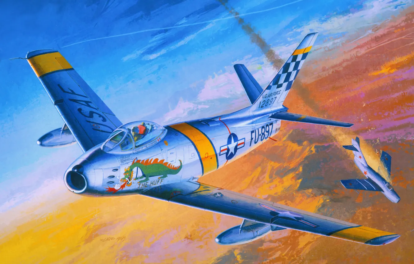 Фото обои небо, рисунок, арт, американский, самолёты, советский, МиГ-15, F-86