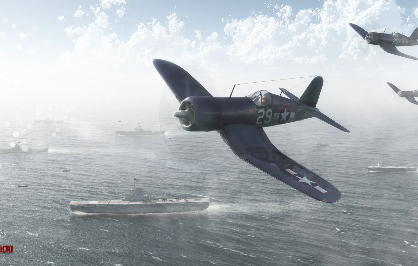 Фото обои небо, облака, истребитель, авианосец, Арт, corsair, War Thunder, корсар