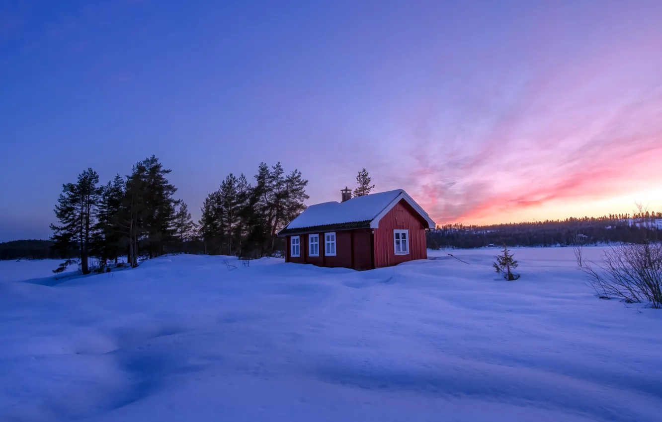 Фото обои зима, закат, дом