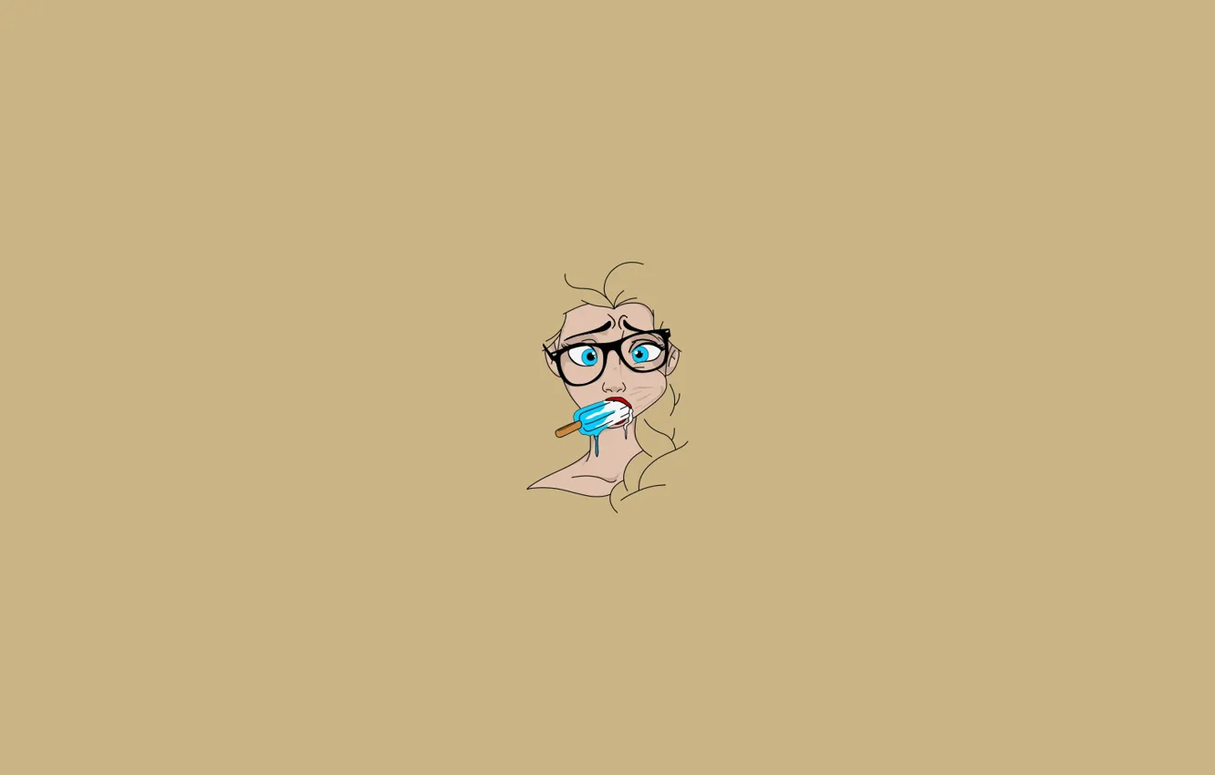 Фото обои vector, Frozen, girl, minimalism, blue eyes, glasses, ice cream, simple background
