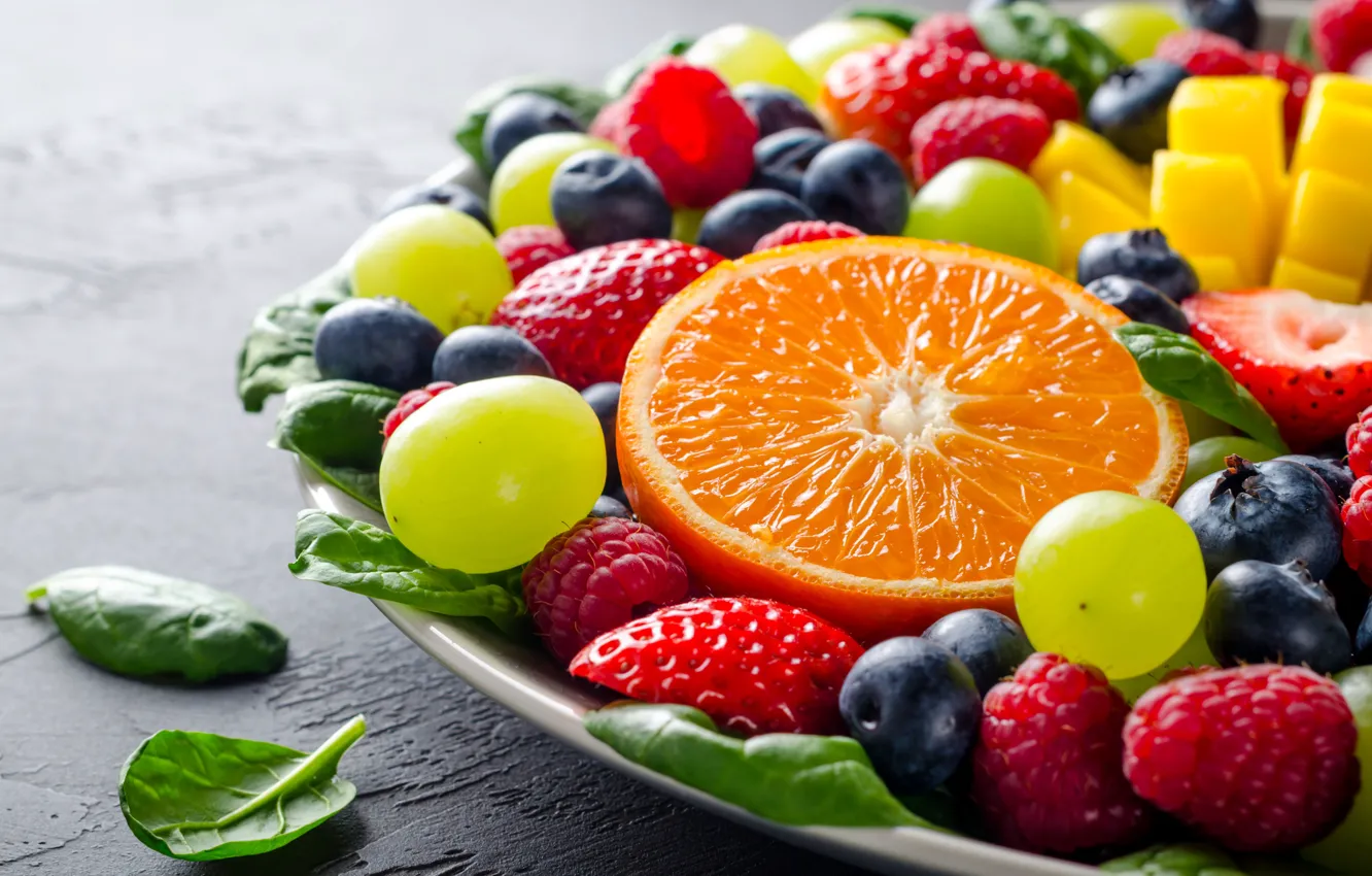 Фото обои ягоды, малина, апельсин, черника, клубника, виноград, фрукты