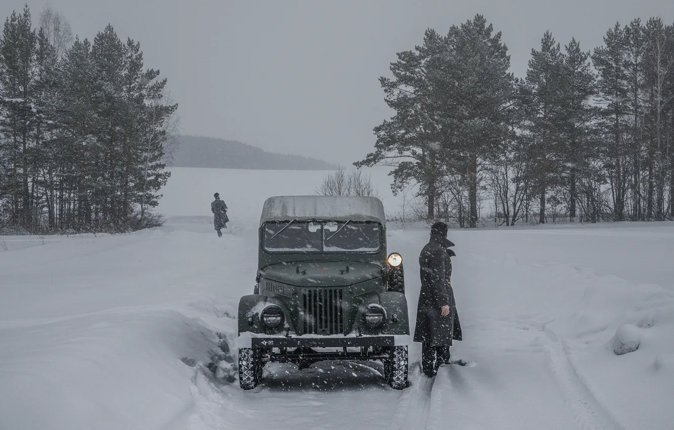Фото обои дорога, снег, мороз, автомобиль, козёл, Газ 69