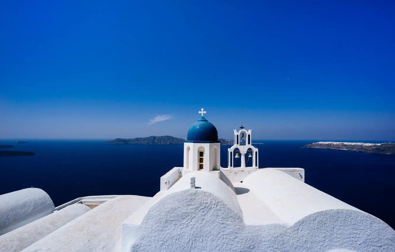 Фото обои море, небо, Санторини, Греция, церковь, остров Тира