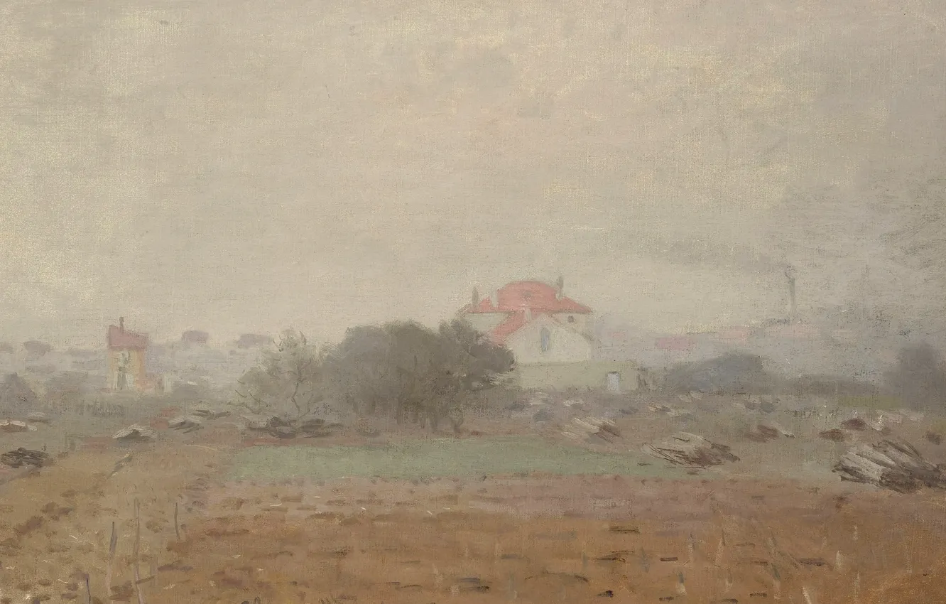 Фото обои пейзаж, дом, картина, Клод Моне, Эффект Тумана