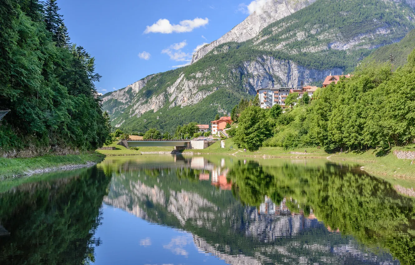 Фото обои лес, горы, мост, озеро, отражение, Италия, Italy, Доломитовые Альпы