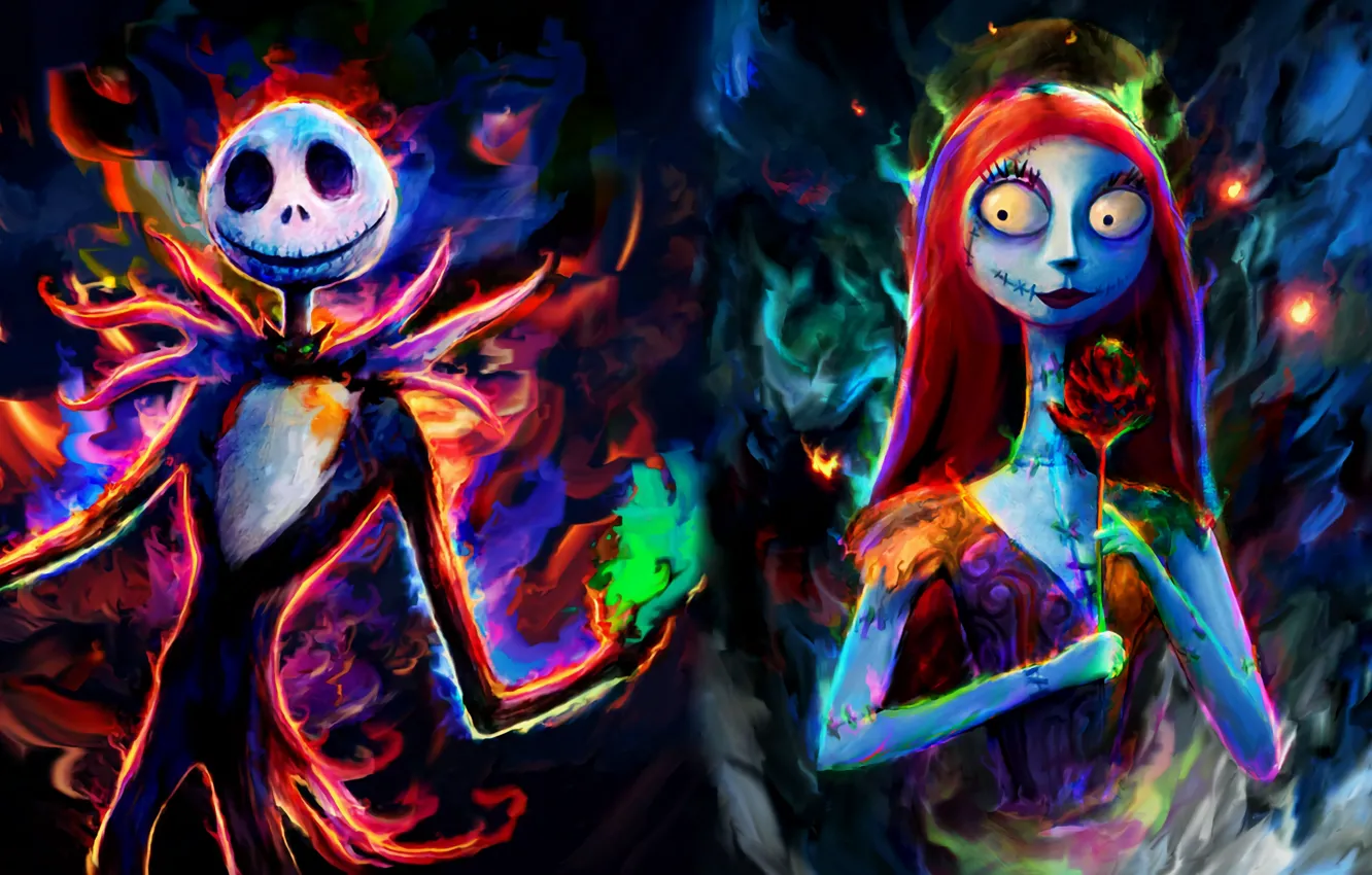 Фото обои Halloween, Disney, holiday, look, The Nightmare Before Christmas, festive, Jack, Sally