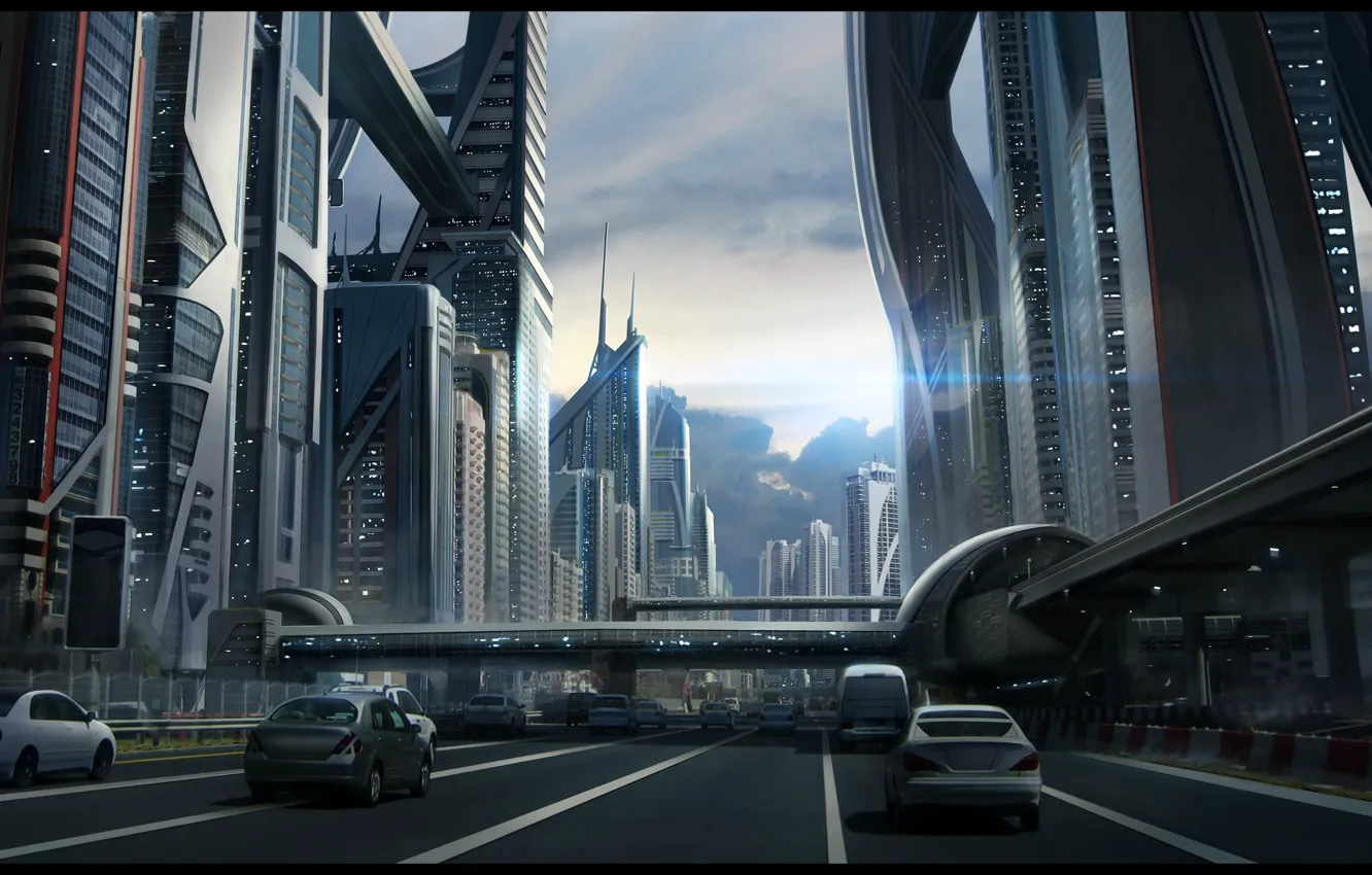 Фото обои дорога, небо, машины, город, будущее, улица, здания, переход