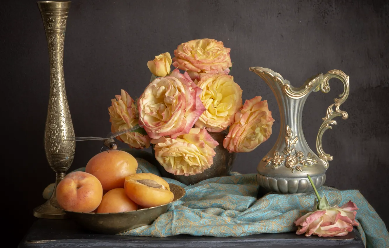 Фото обои цветы, букет, натюрморт, абрикосы