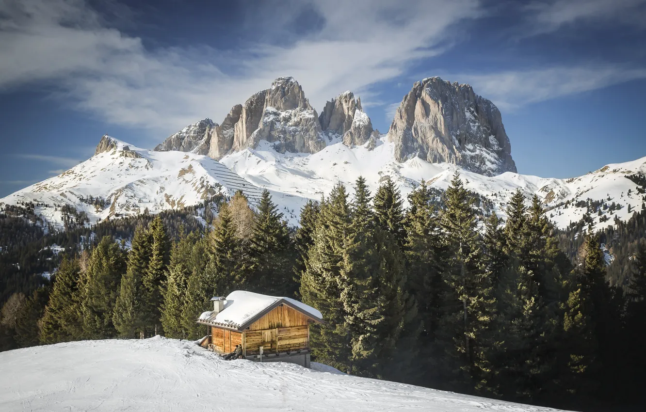 Фото обои зима, лес, горы, домик