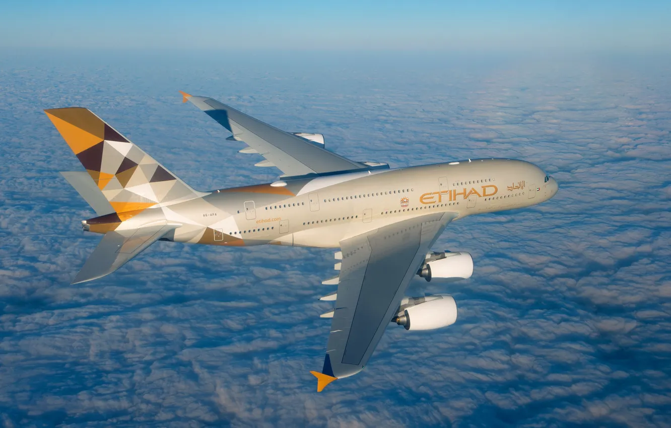 Фото обои Облака, A380, Airbus, Etihad Airways, Крыло, Airbus A380, Пассажирский самолёт, Airbus A380-800
