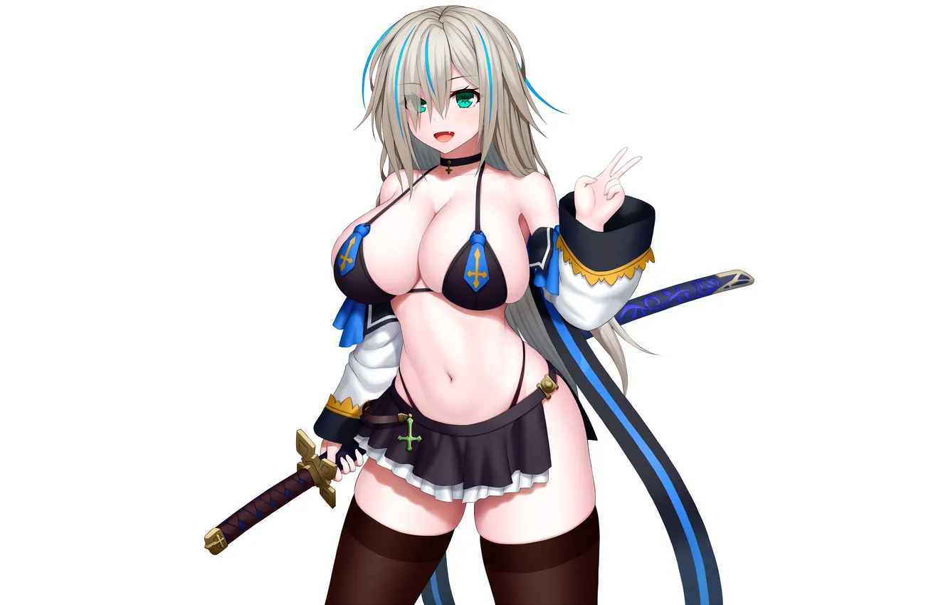 Фото обои girl, sword, sexy, cleavage, thighhighs, green eyes, long hair, boobs