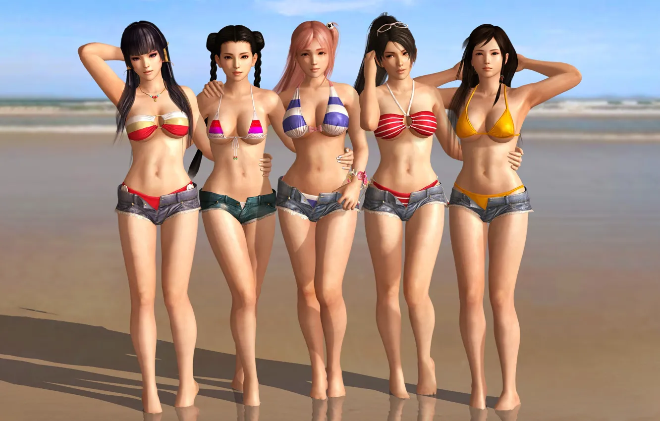 Фото обои girl, sexy, cleavage, beach, shorts, long hair, sea, boobs