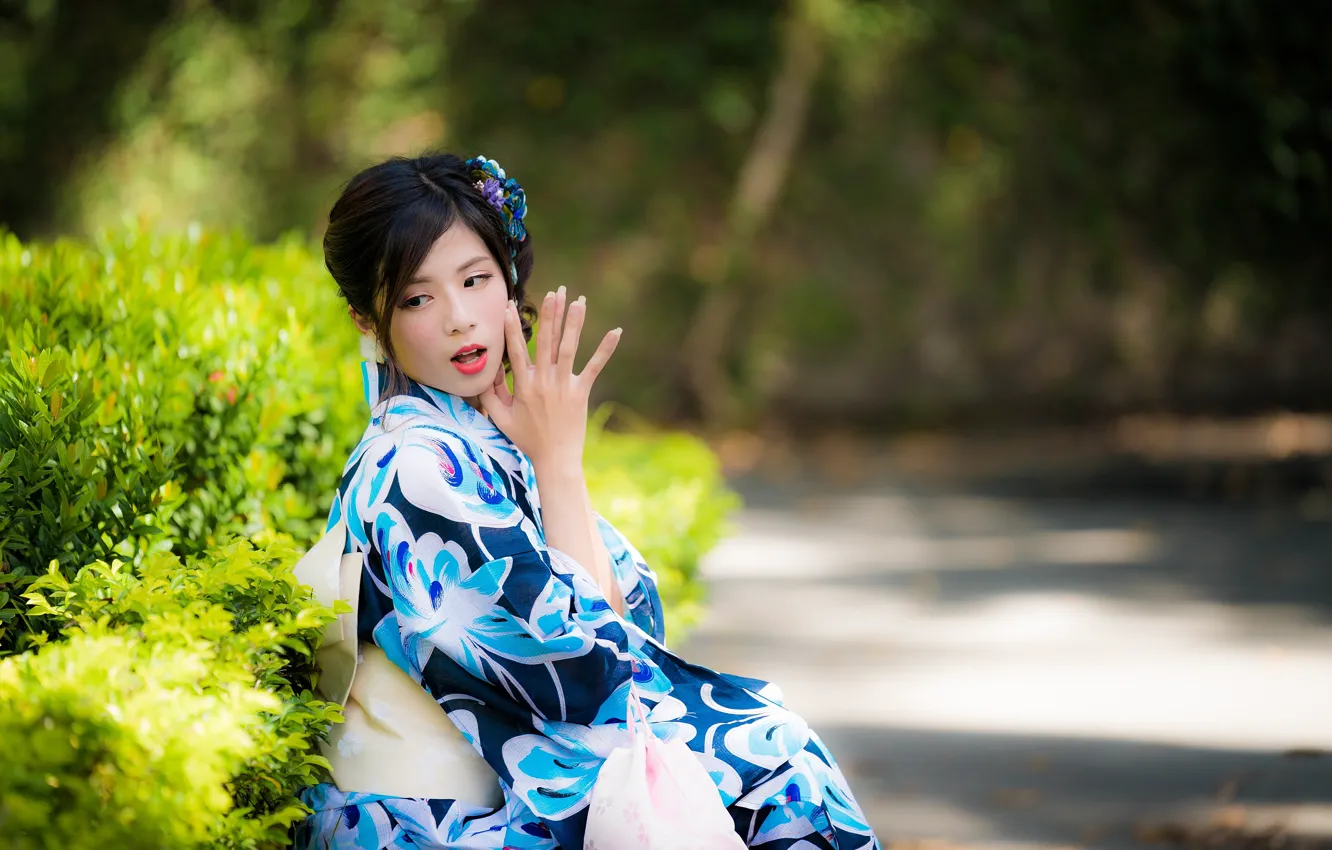 Фото обои девушка, кимоно, азиатка