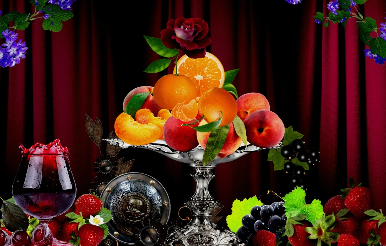 Фото обои цветы, ягоды, апельсин, ваза, фрукты, напитки, абрикос, flowers
