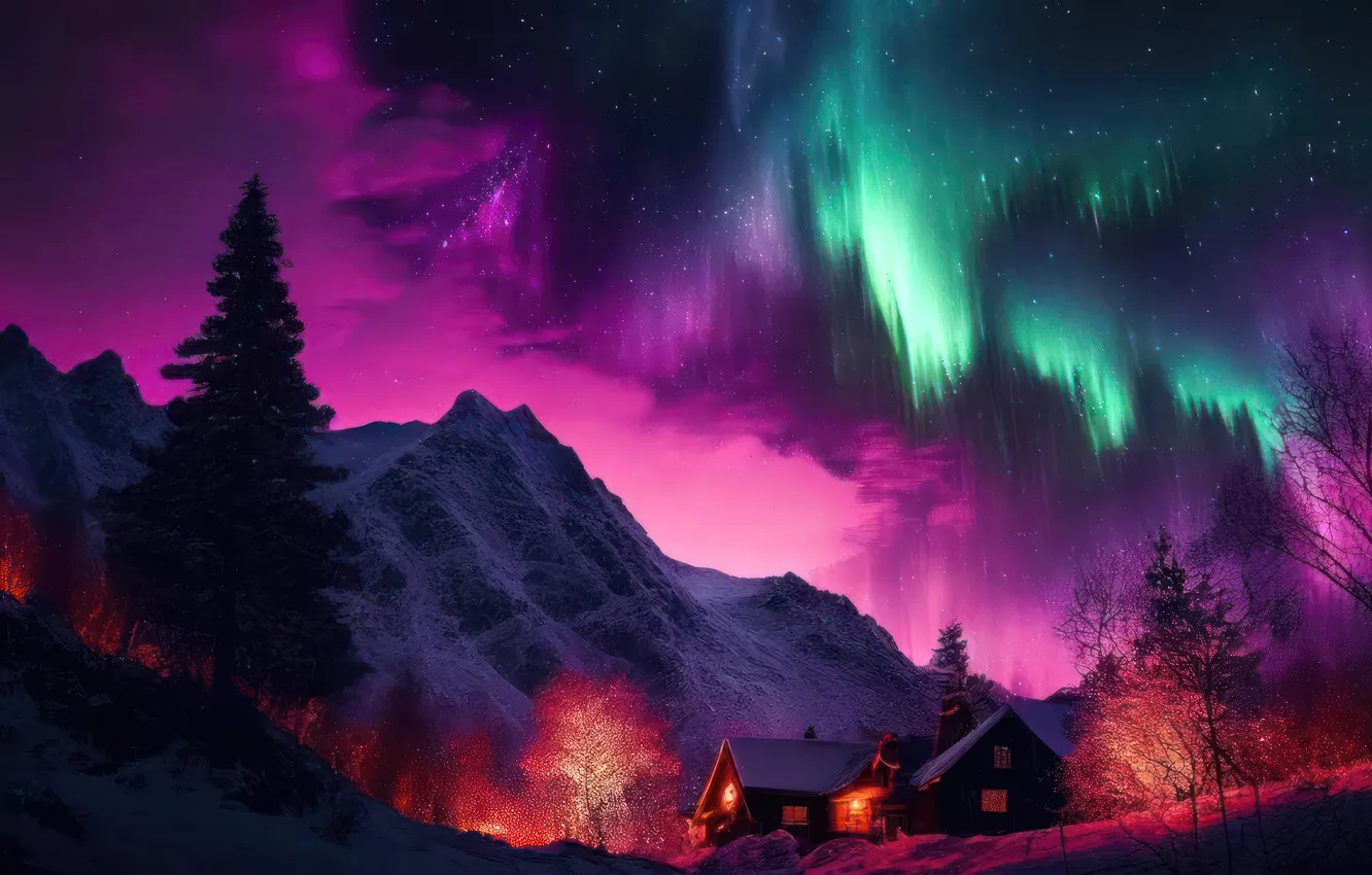 Фото обои Sky, Night, Digital Art, Scenery, Aurora Borealis, Northern Lights, AI Generated