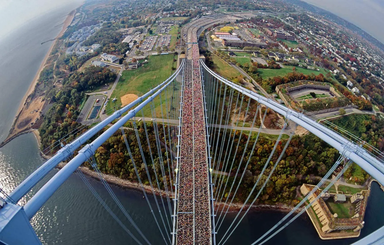 Фото обои мост, Нью-Йорк, панорама, США, Веррацано-Нарроус