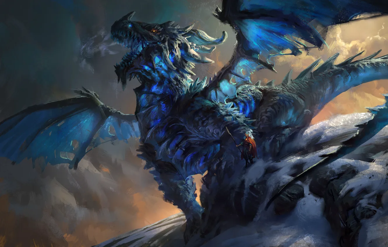 Фото обои девушка, снег, горы, синий, скалы, дракон, арт, гигантский