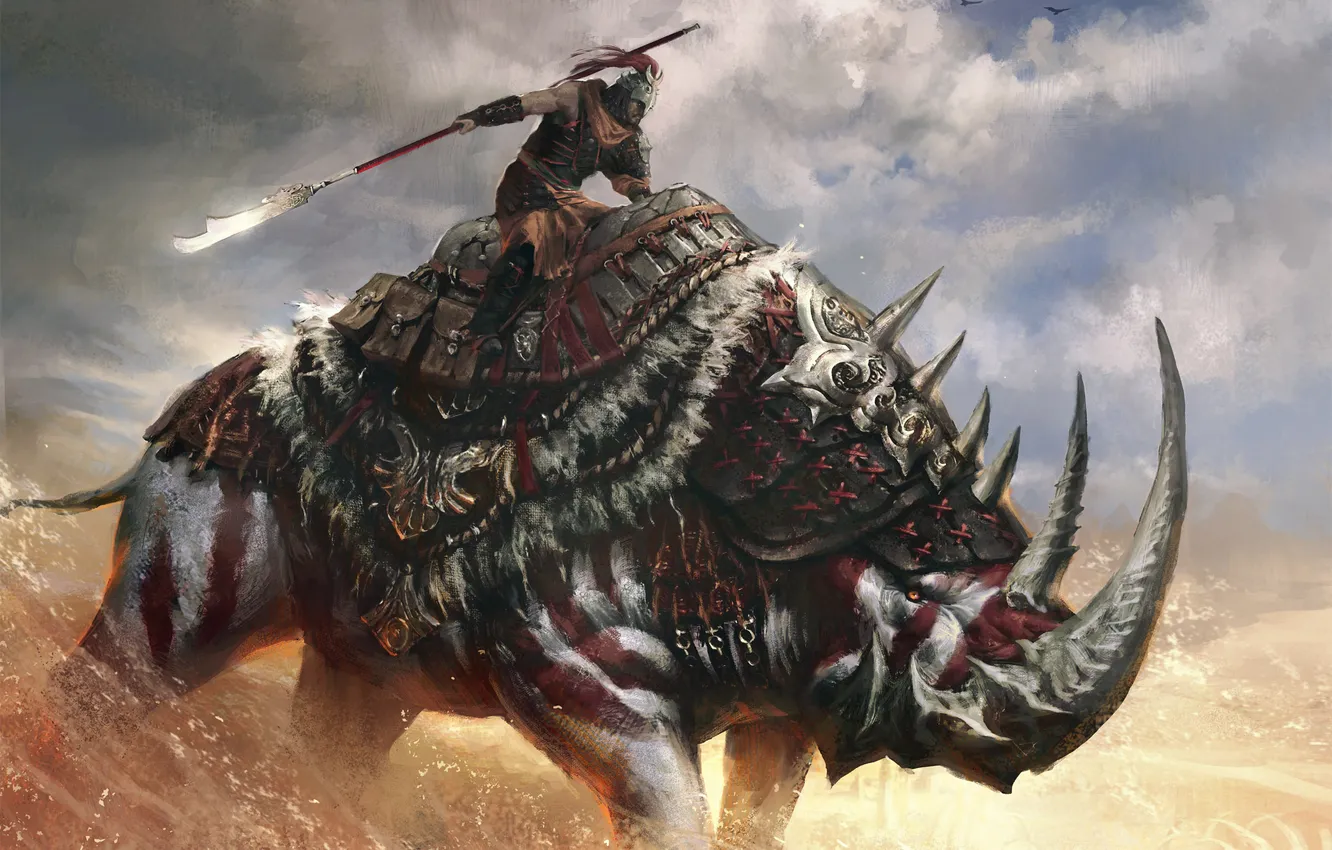 Фото обои оружие, воин, арт, копье, зверь, Age of Conan, носорог, Concept art